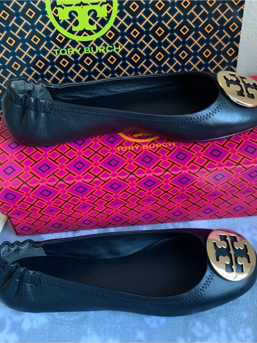 Tory Burch Black Leather Minnie Travel Ballet Flats with Gold Logo s.9.5